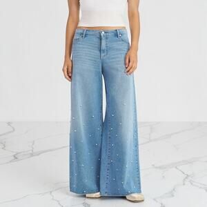 Scoop Baggy Wide Leg Jeans for Women with Faux Pearl Details Cotton Sz 4